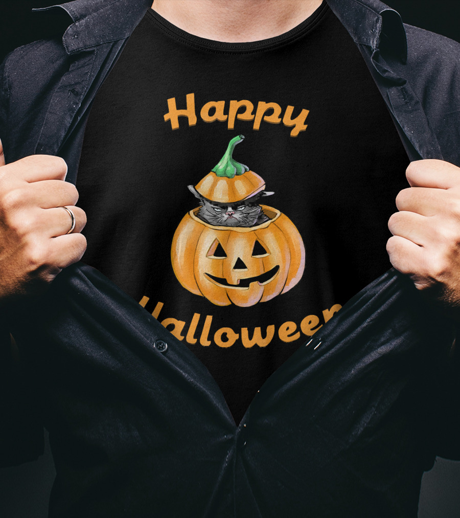 Happy Halloween Funny Cat In Pumpkin T-Shirt