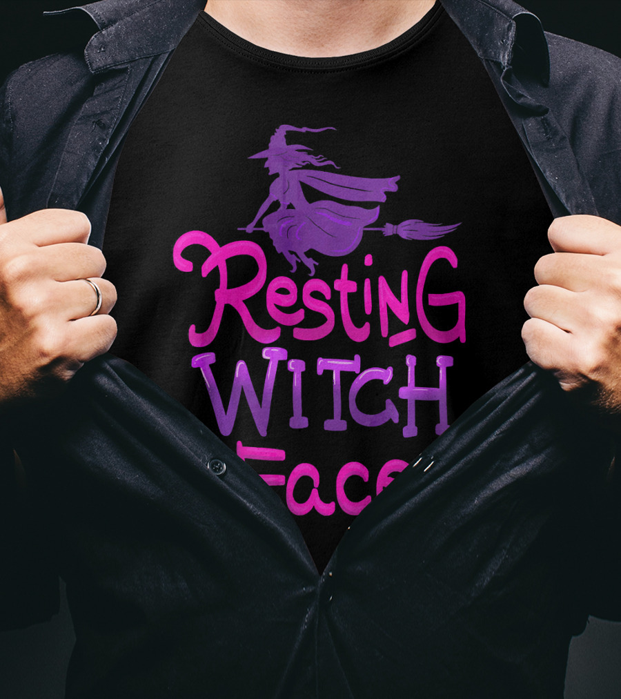 Resting Witch Face Halloween Broomstick T-Shirt