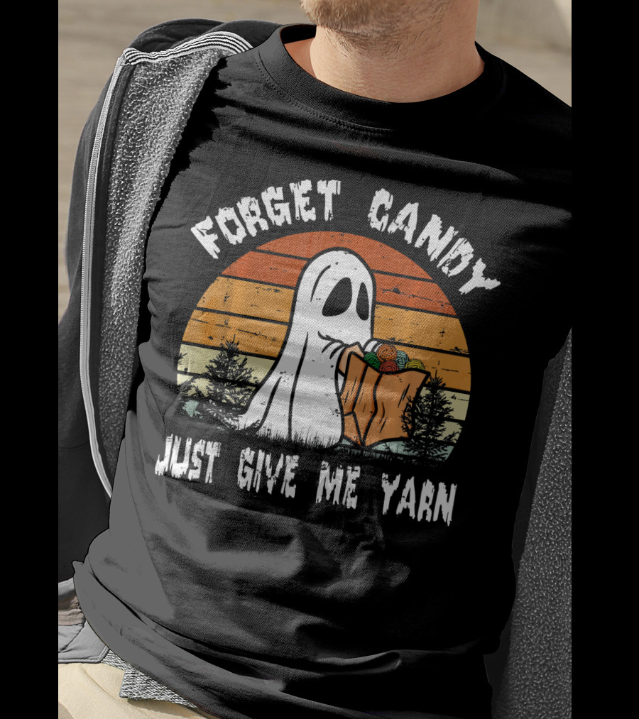 Forget Candy Just Give Me Yarn Ghost With Retro Sunset And Trees T-Shirt