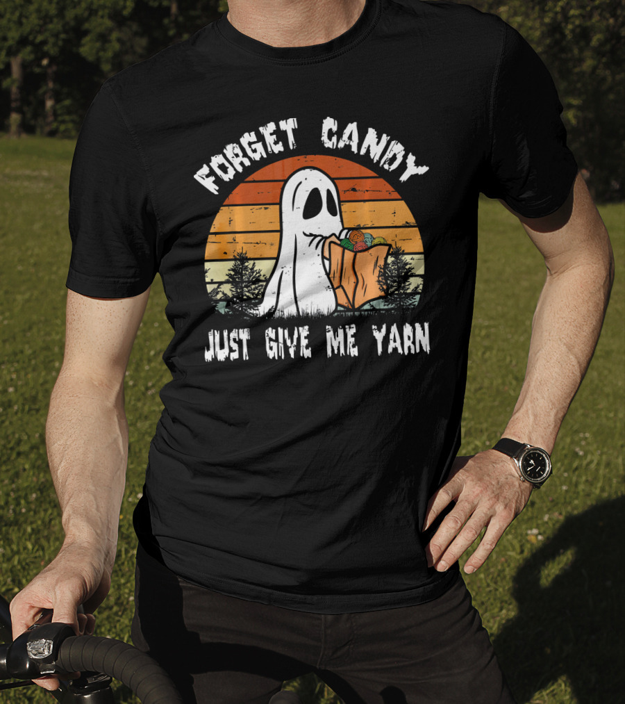Forget Candy Just Give Me Yarn Ghost With Retro Sunset And Trees T-Shirt