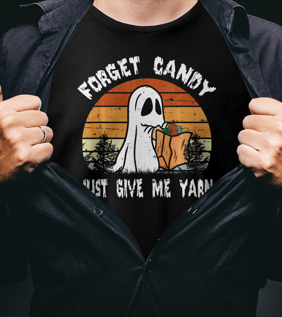 Forget Candy Just Give Me Yarn Ghost With Retro Sunset And Trees T-Shirt