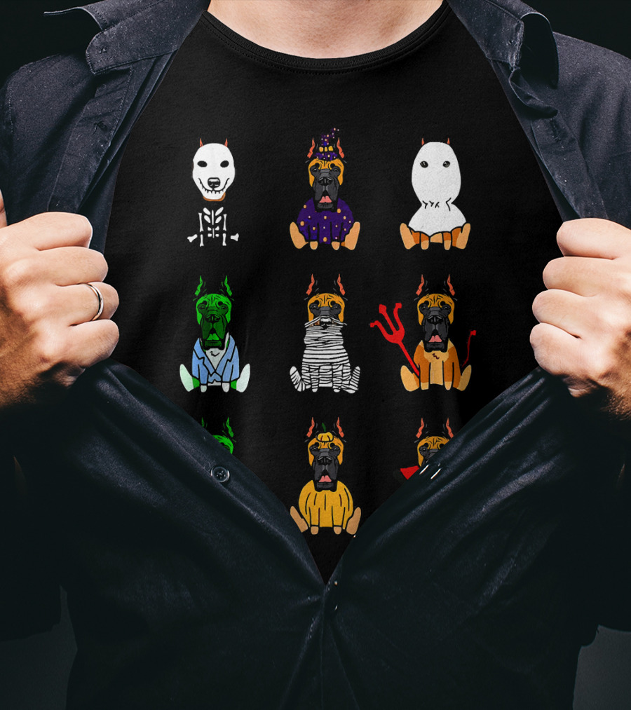 Great Dane Dog Lover Halloween Costume Grid Featuring Skeleton, Witch, Ghost, Frankenstein, Mummy, Devil, Dracula, And More T-Shirt