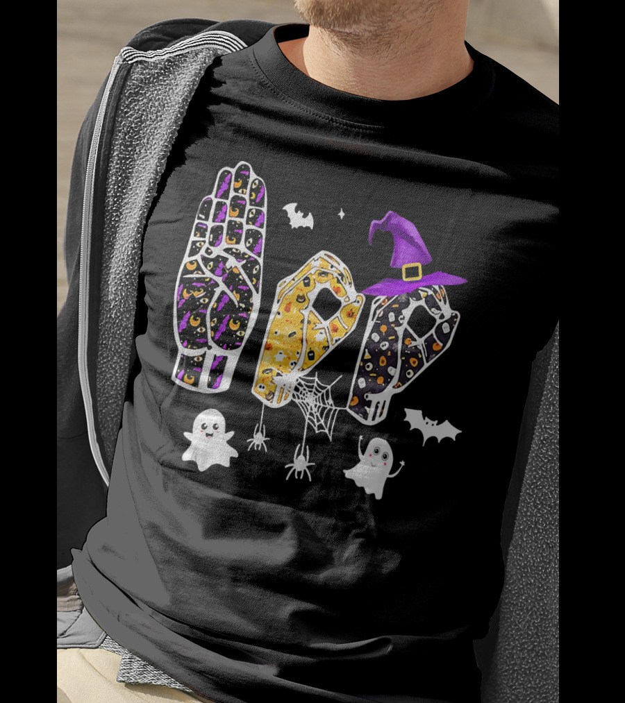 Funny Halloween Sign Language ASL Boo With Ghosts And Witch Hat T-Shirt