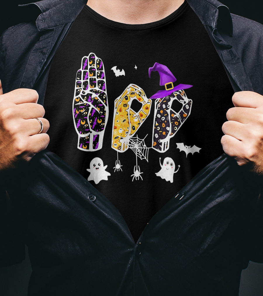 Funny Halloween Sign Language ASL Boo With Ghosts And Witch Hat T-Shirt