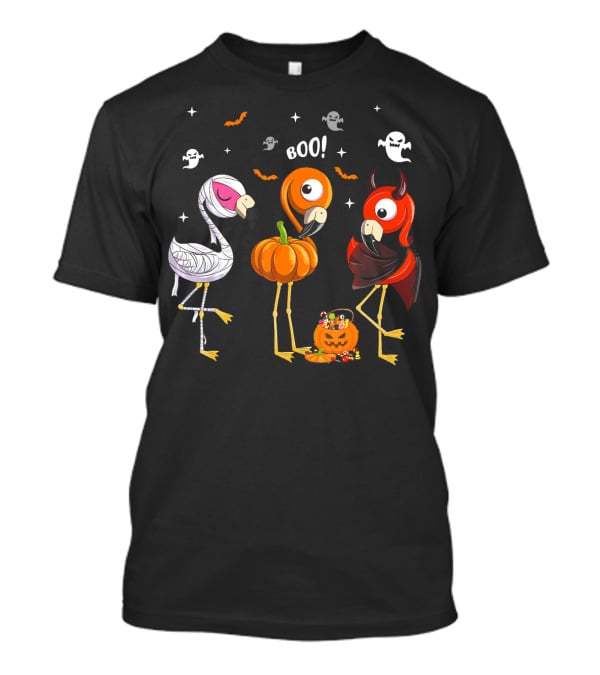 Funny Three Halloween Boo Flamingoes Pumpkin Ghosts T-Shirt
