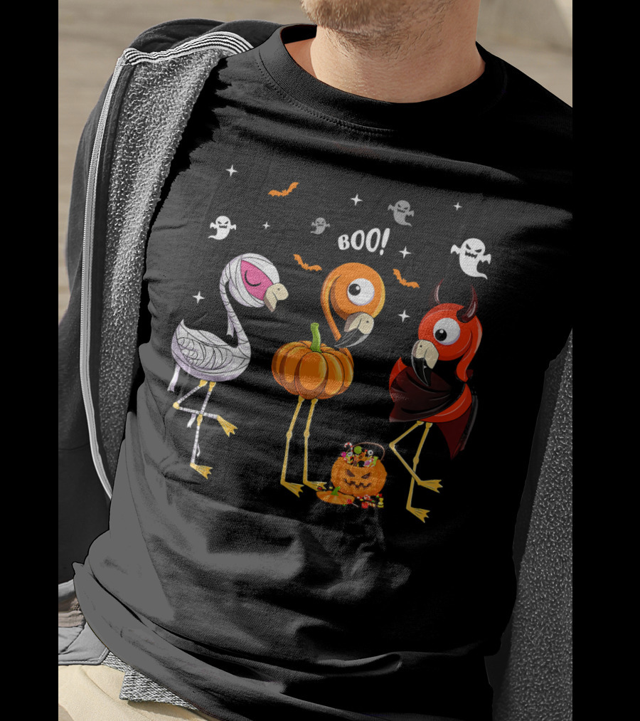 Funny Three Halloween Boo Flamingoes Pumpkin Ghosts T-Shirt