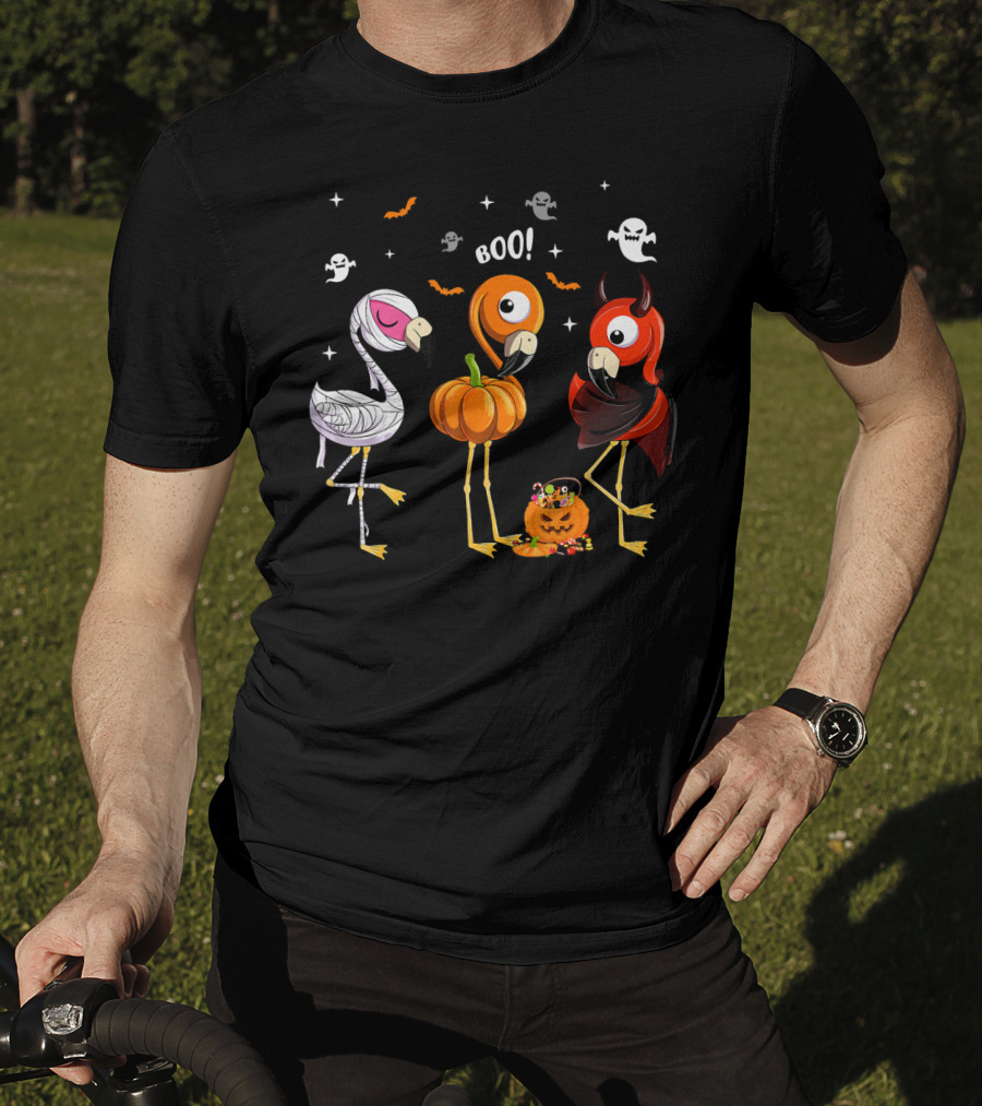 Funny Three Halloween Boo Flamingoes Pumpkin Ghosts T-Shirt