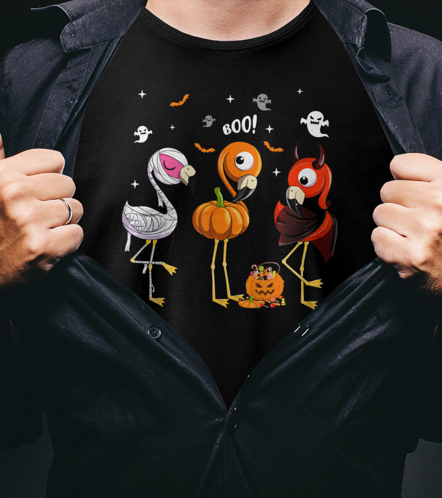 Funny Three Halloween Boo Flamingoes Pumpkin Ghosts T-Shirt