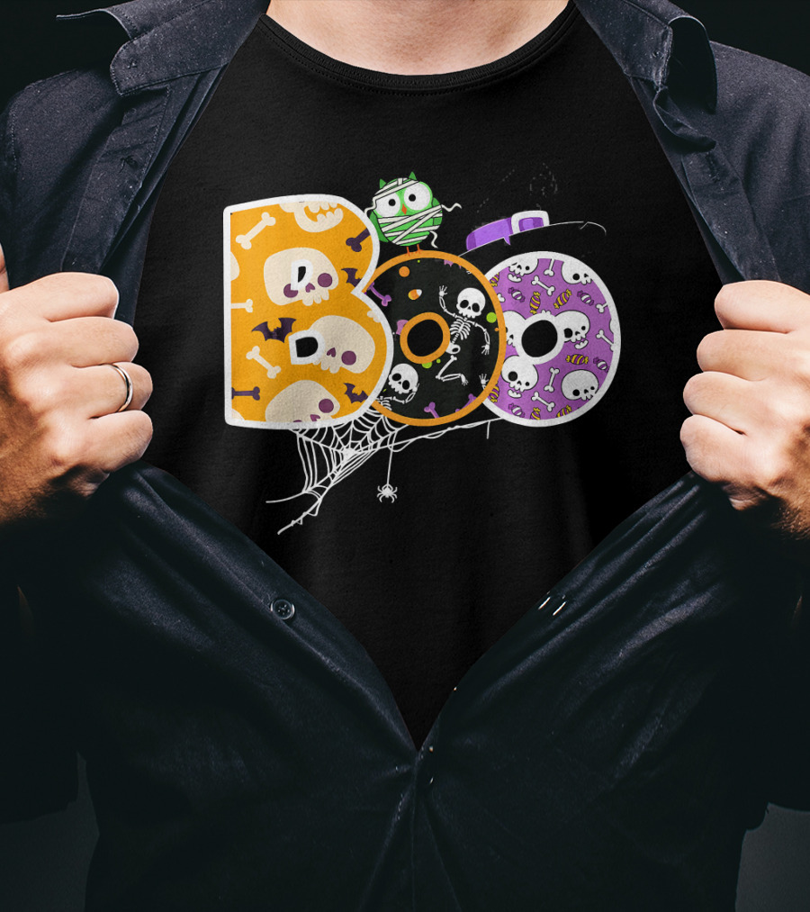 Boo Halloween Skeleton Spider Web Mummy Spooky T-Shirt