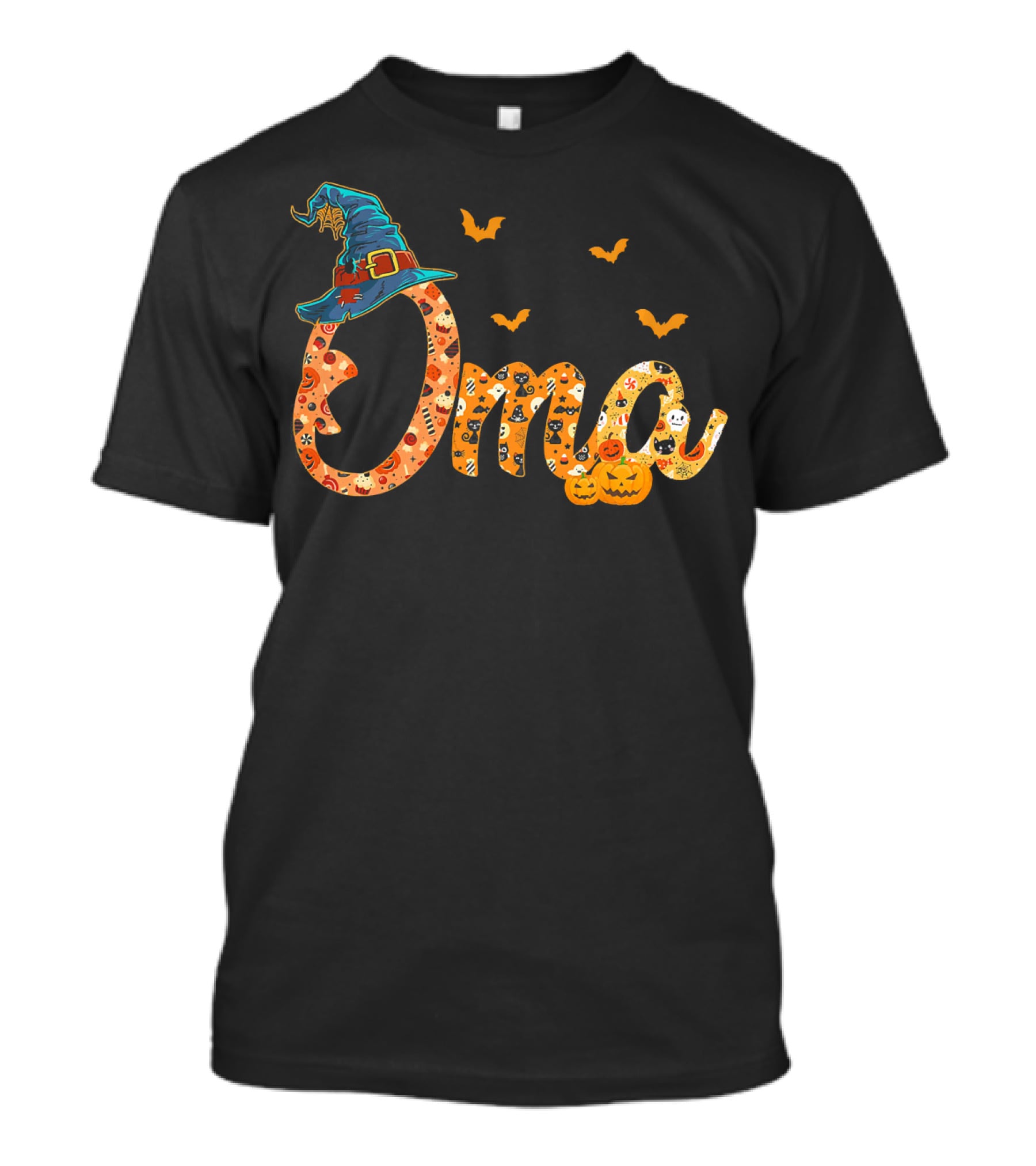 Oma Halloween Witch Hat Bats Pumpkins Costume T-Shirt