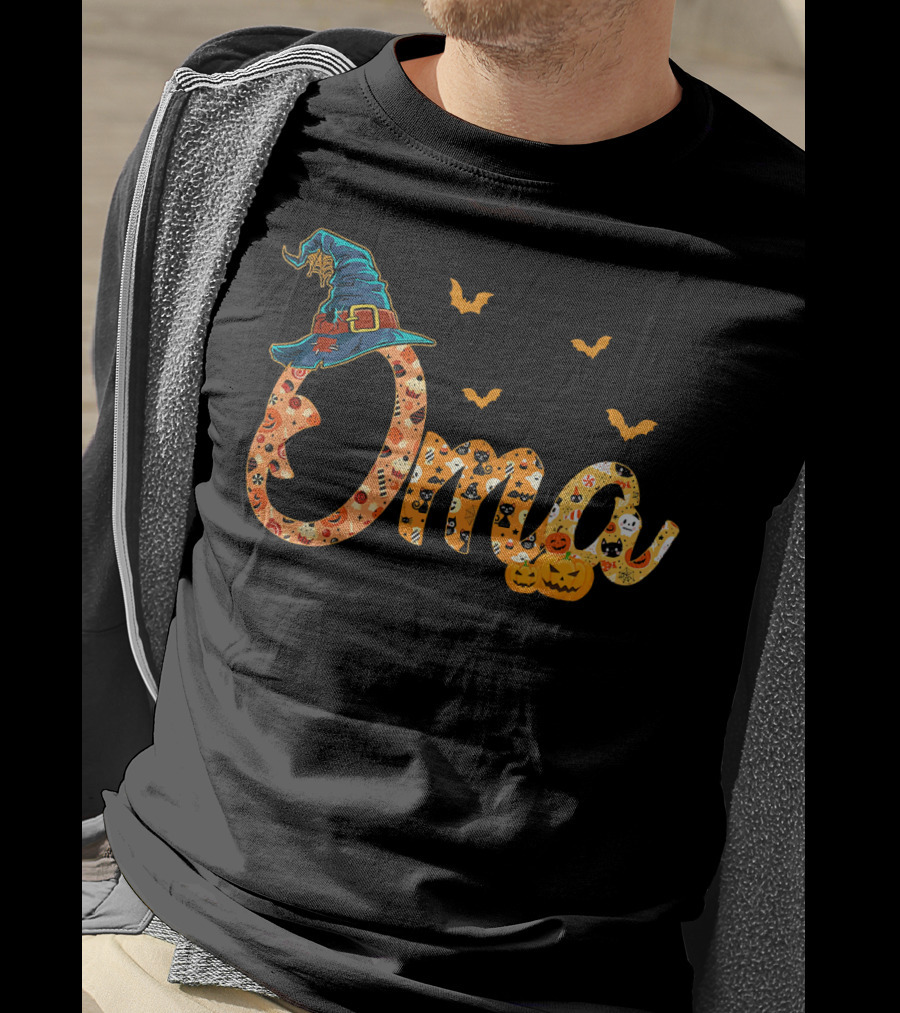Oma Halloween Witch Hat Bats Pumpkins Costume T-Shirt