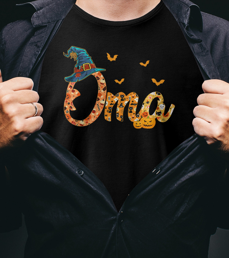 Oma Halloween Witch Hat Bats Pumpkins Costume T-Shirt