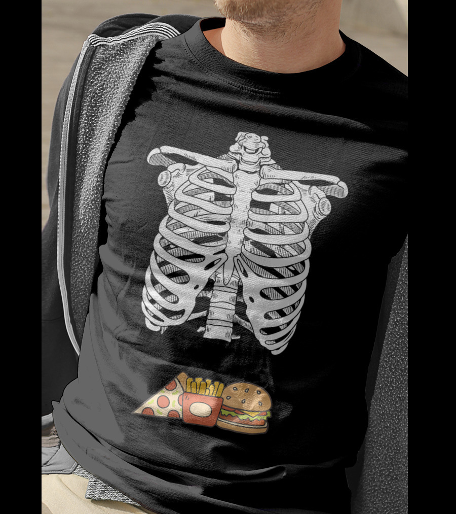 Skeleton Eating Pizza Fries And Burger T-Shirt