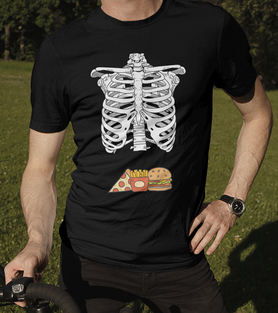 Skeleton Eating Pizza Fries And Burger T-Shirt