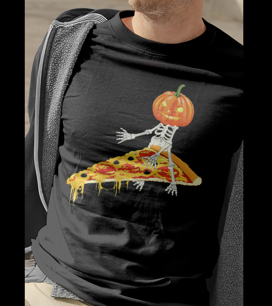 Pumpkin Head Skeleton Sitting On Pizza Slice With Pepperoni T-Shirt