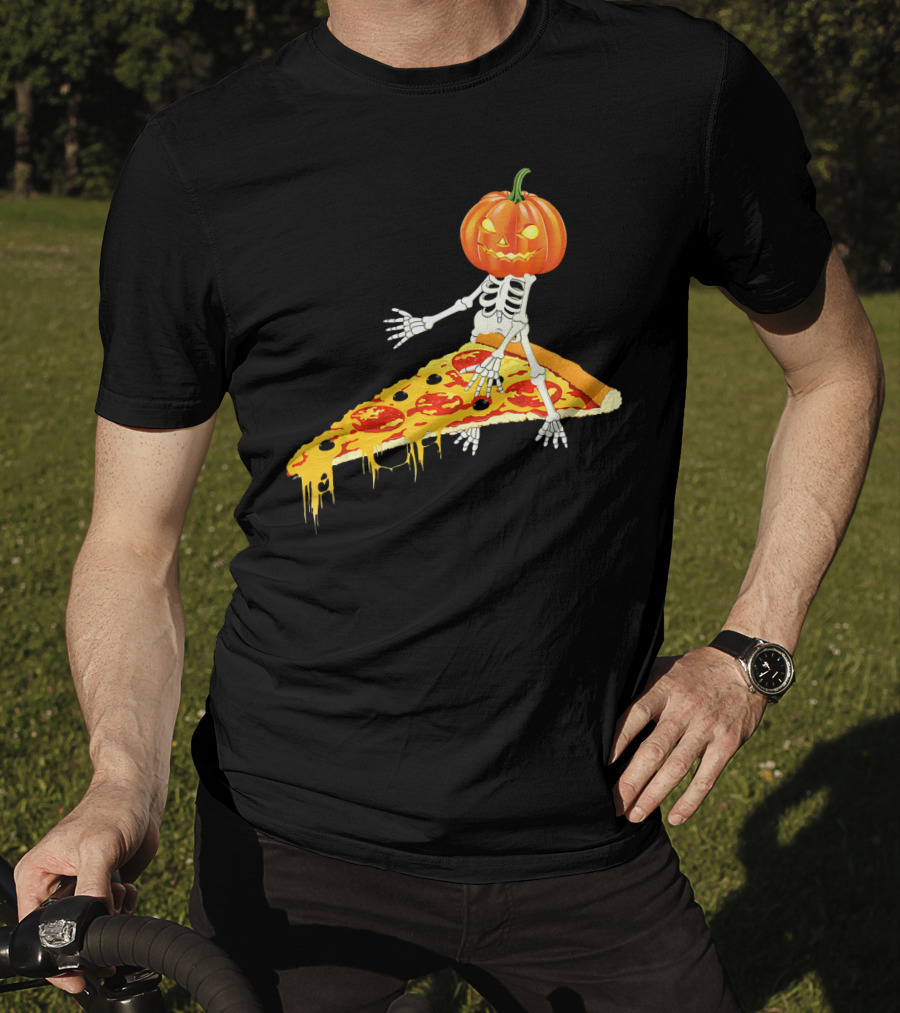 Pumpkin Head Skeleton Sitting On Pizza Slice With Pepperoni T-Shirt