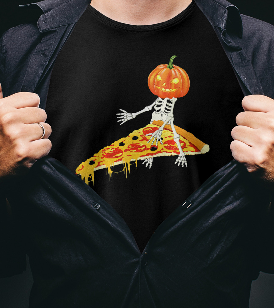 Pumpkin Head Skeleton Sitting On Pizza Slice With Pepperoni T-Shirt