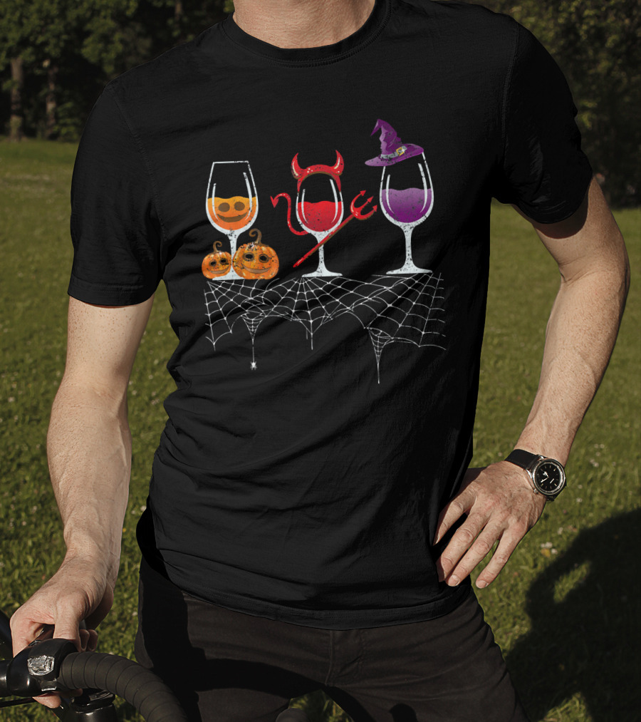Vintage Halloween Red Devil Purple Witch Wine Glass Pumpkin Faces T-Shirt