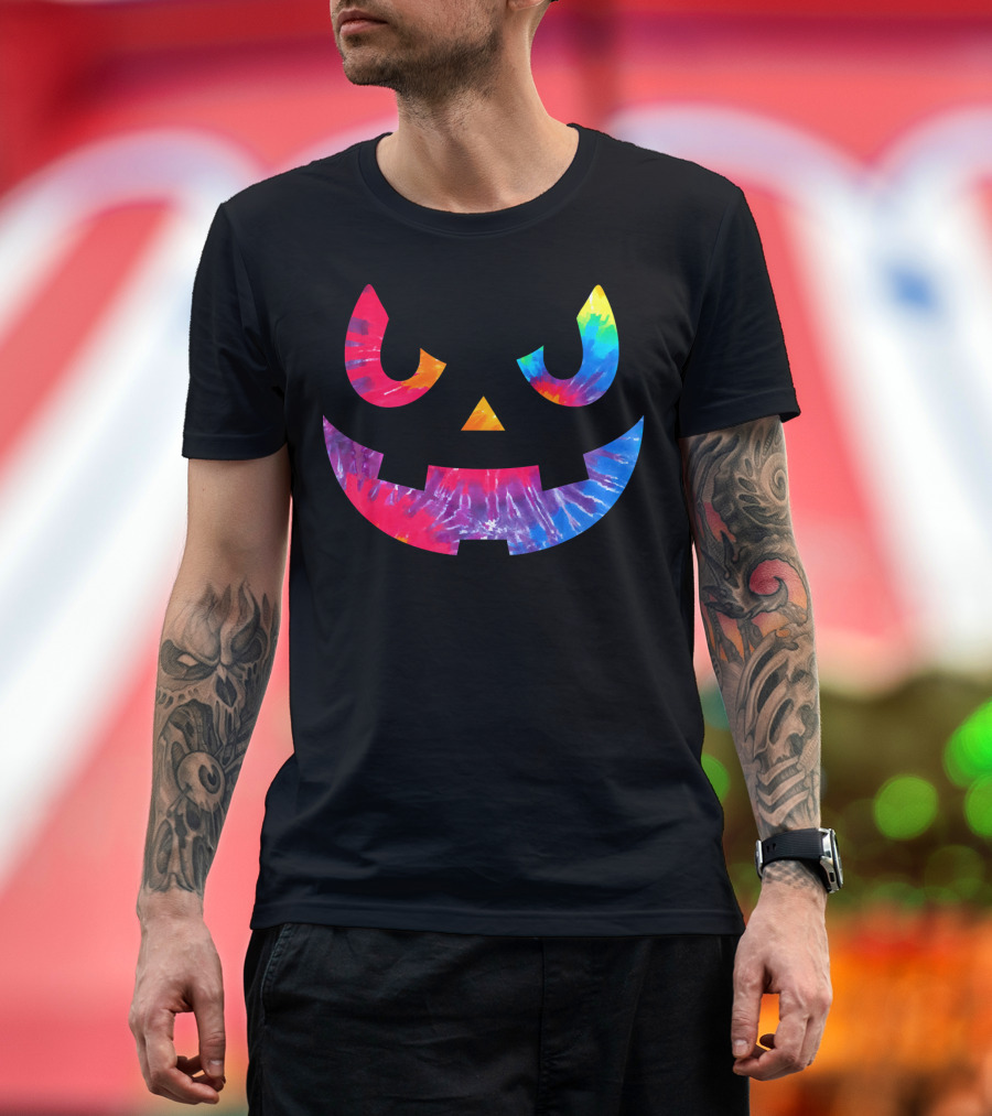 Scary Rainbow Tie Dye Jack O Lantern Face T-Shirt