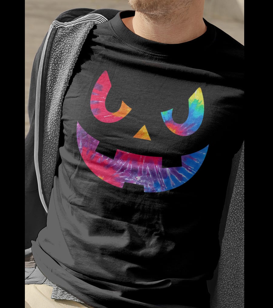 Scary Rainbow Tie Dye Jack O Lantern Face T-Shirt
