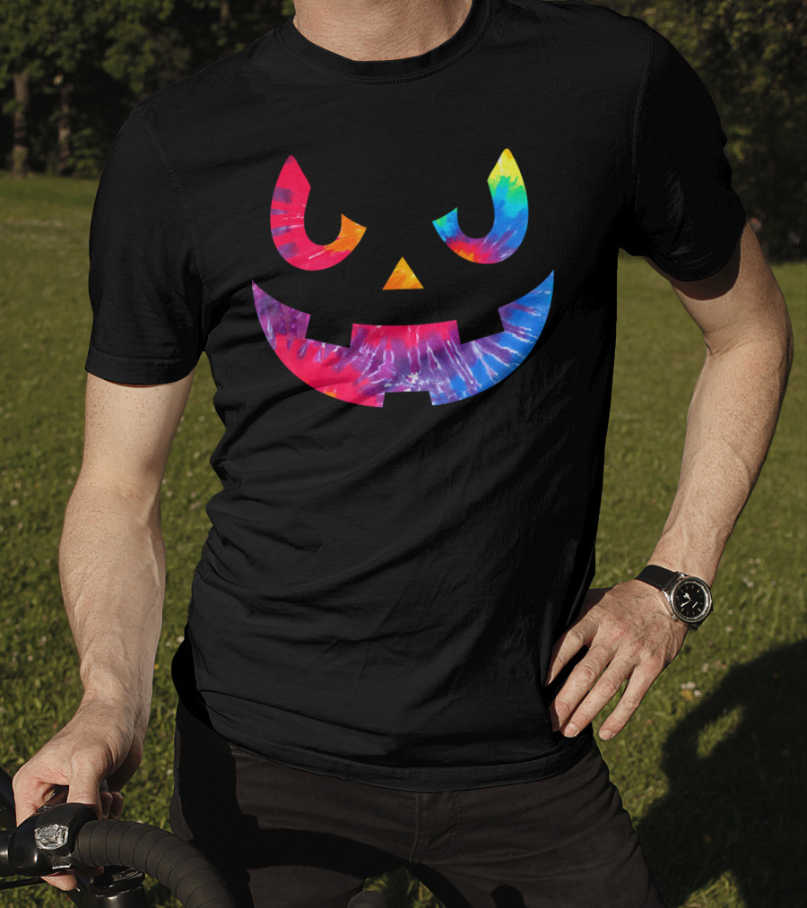 Scary Rainbow Tie Dye Jack O Lantern Face T-Shirt