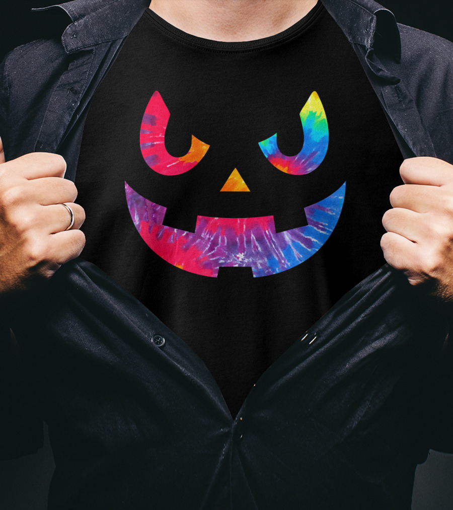 Scary Rainbow Tie Dye Jack O Lantern Face T-Shirt