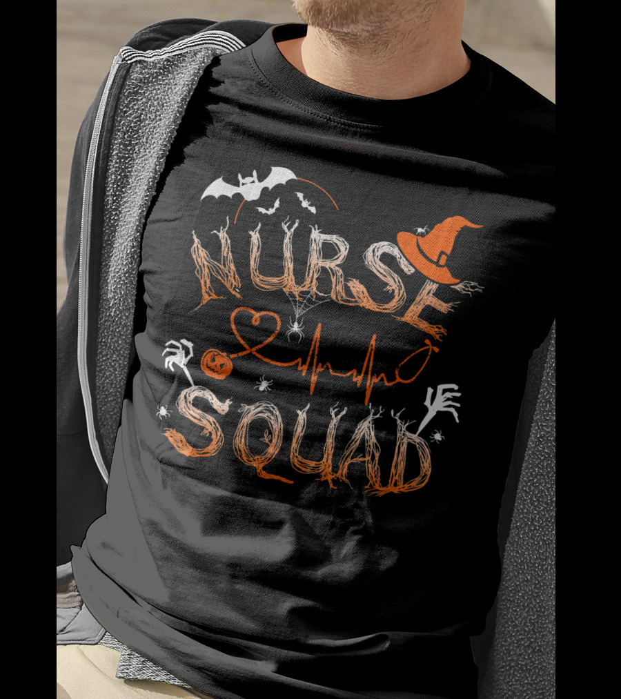 Nurse Squad Halloween Theme With Witch Hat And Bat Elements T-Shirt