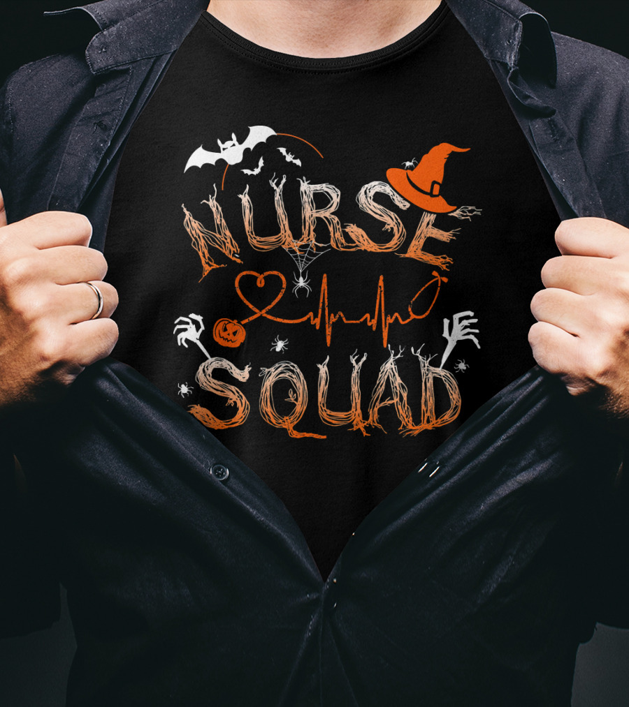 Nurse Squad Halloween Theme With Witch Hat And Bat Elements T-Shirt