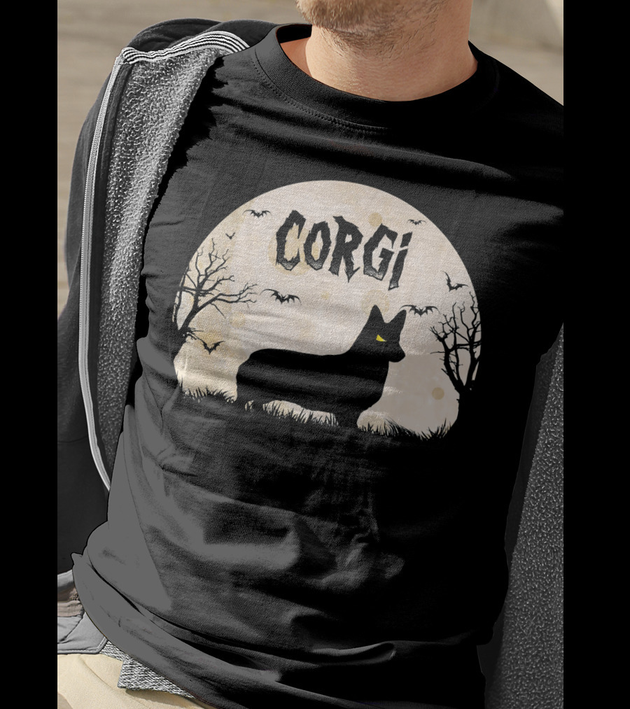 Corgi Halloween Horror Silhouette With Moon And Bats T-Shirt