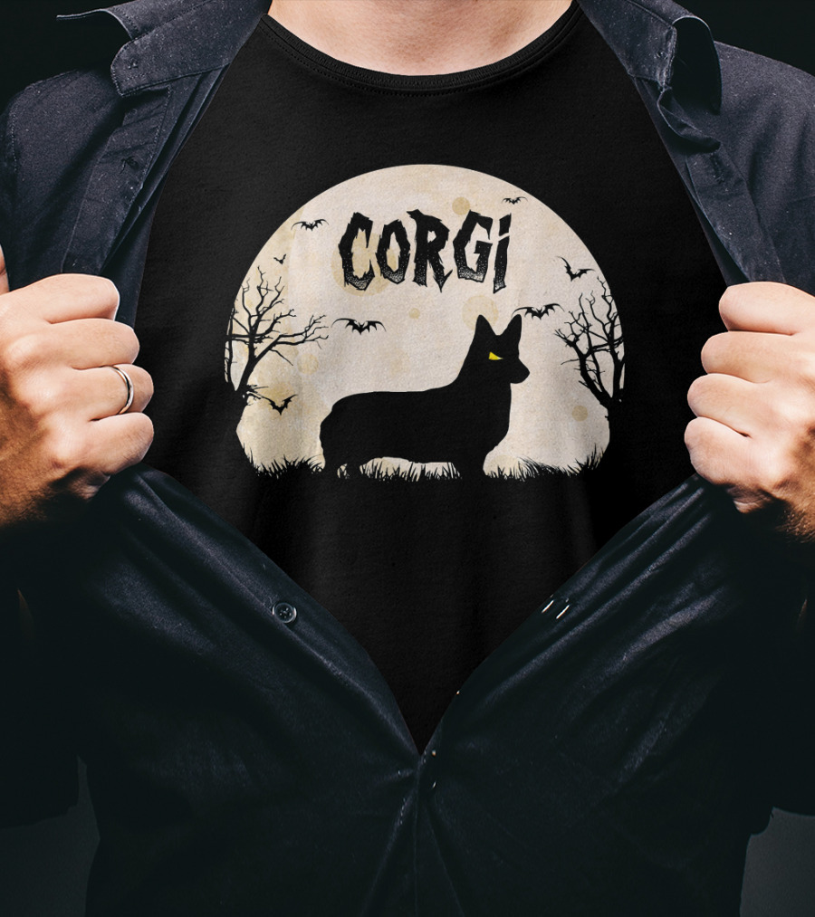 Corgi Halloween Horror Silhouette With Moon And Bats T-Shirt