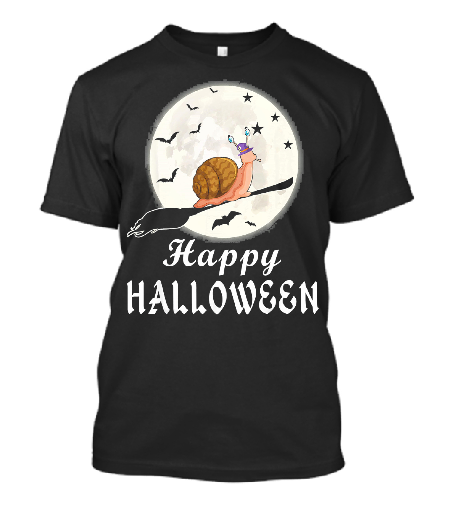 Happy Halloween Snail Riding Broomstick With Full Moon And Bats T-Shirt