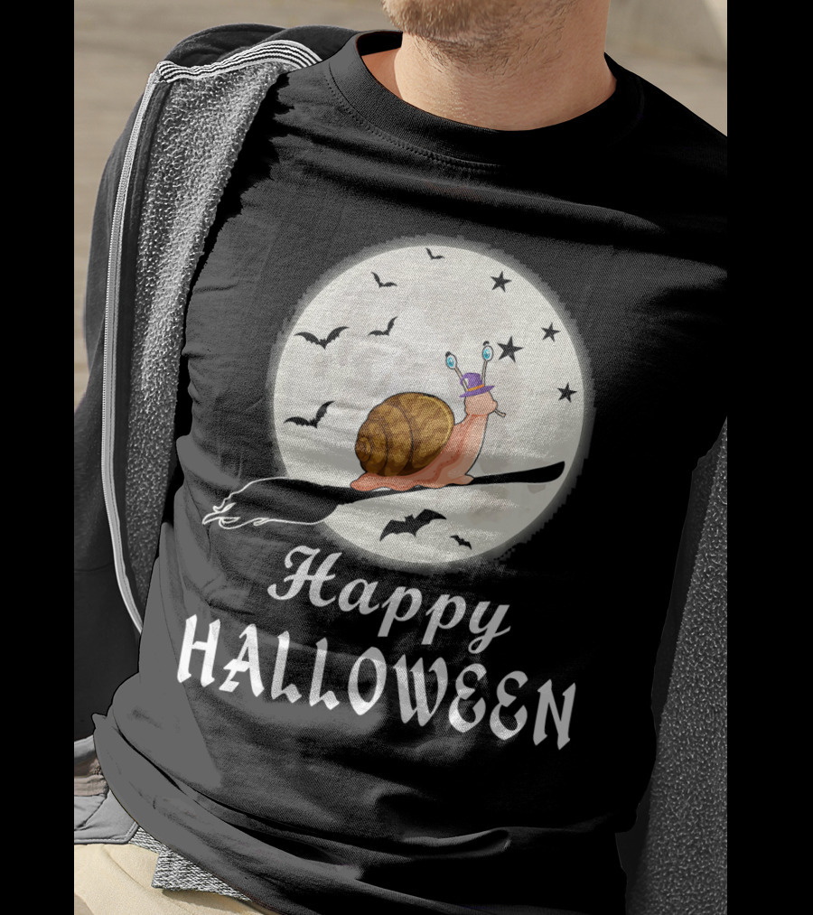 Happy Halloween Snail Riding Broomstick With Full Moon And Bats T-Shirt