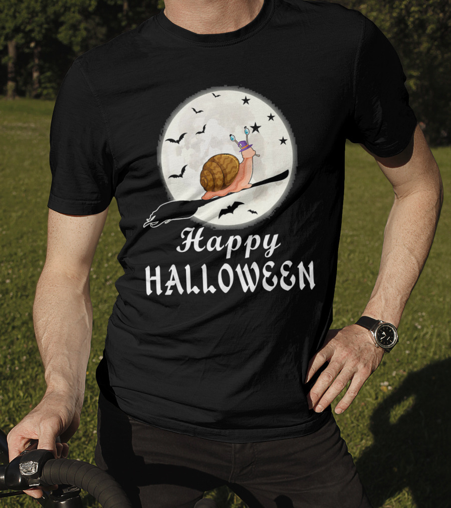 Happy Halloween Snail Riding Broomstick With Full Moon And Bats T-Shirt