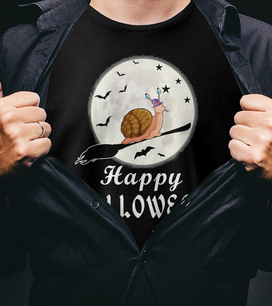 Happy Halloween Snail Riding Broomstick With Full Moon And Bats T-Shirt