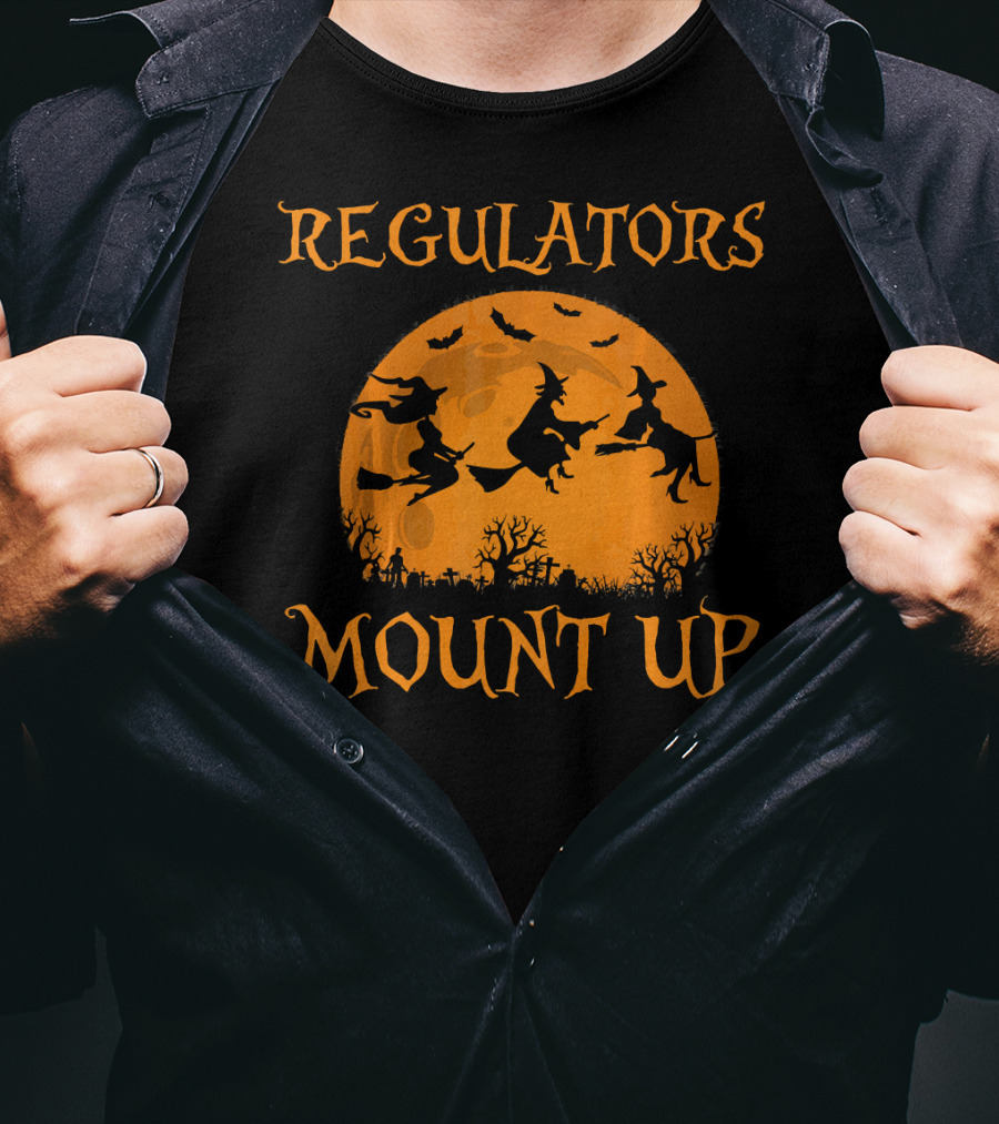 Regulators Mount Up Halloween Witch Flying Broomsticks Moon Scene T-Shirt