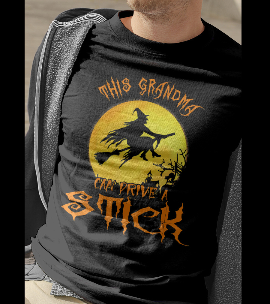 This Grandma Can Drive A Stick Witch Silhouette Flying Broomstick Full Moon Halloween Scene T-Shirt