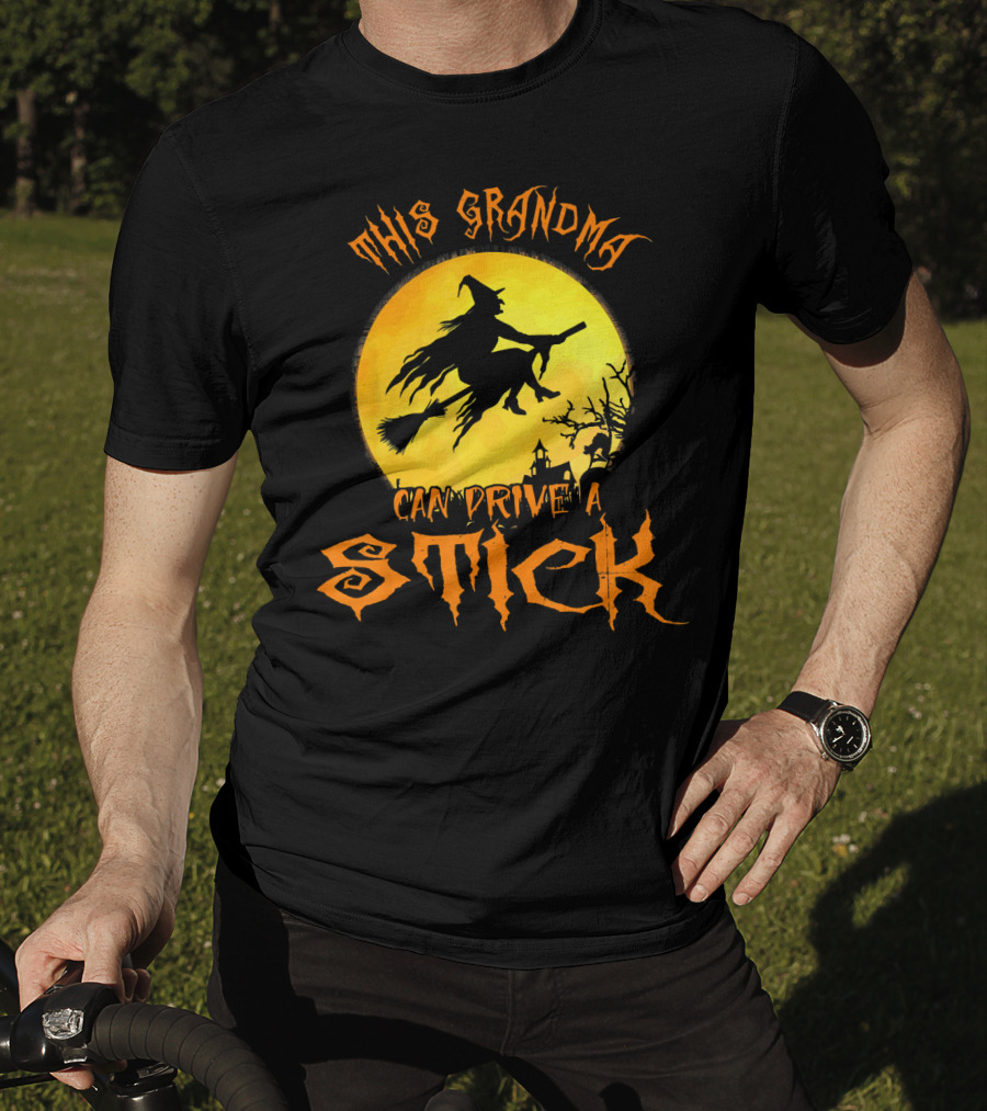 This Grandma Can Drive A Stick Witch Silhouette Flying Broomstick Full Moon Halloween Scene T-Shirt