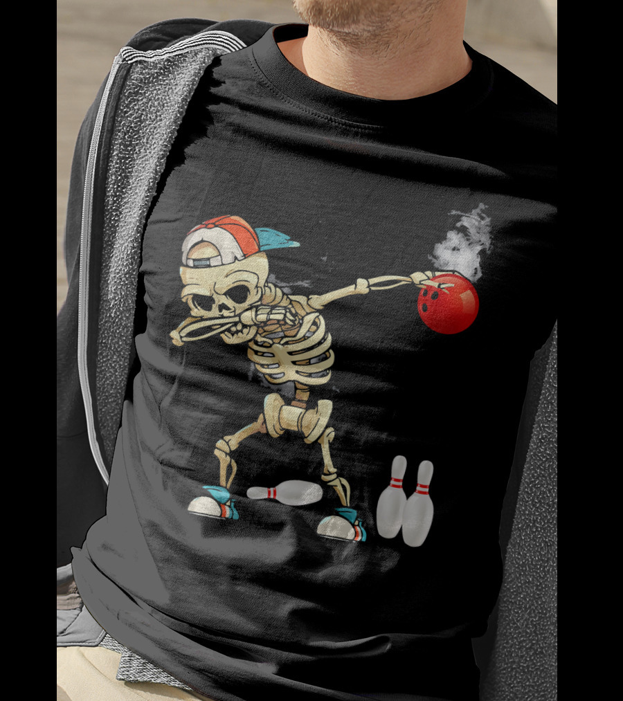 Dabbing Skeleton Holding Red Bowling Ball With Pins T-Shirt