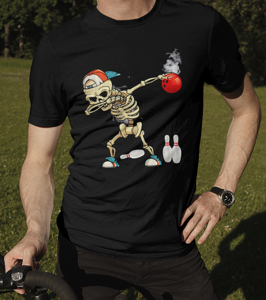 Dabbing Skeleton Holding Red Bowling Ball With Pins T-Shirt