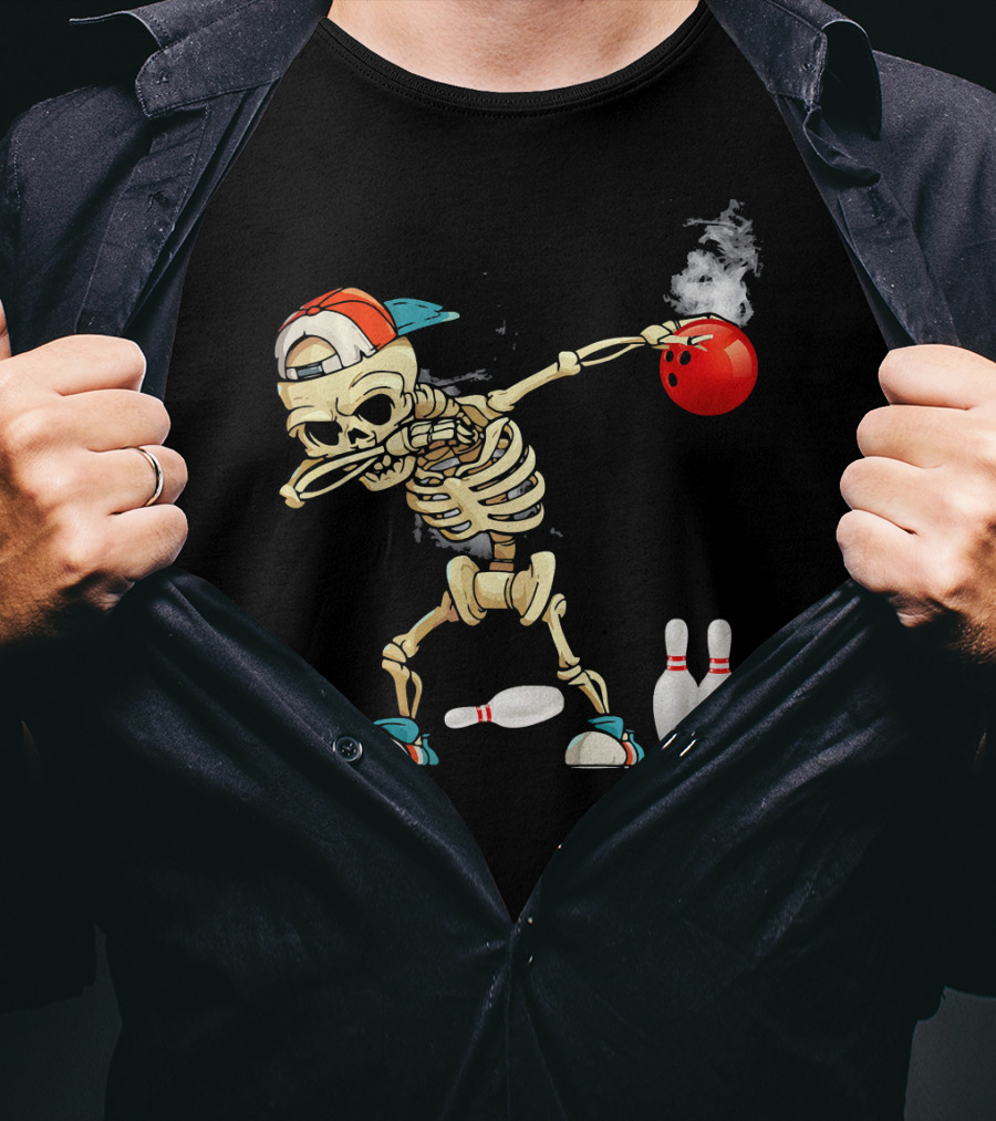 Dabbing Skeleton Holding Red Bowling Ball With Pins T-Shirt
