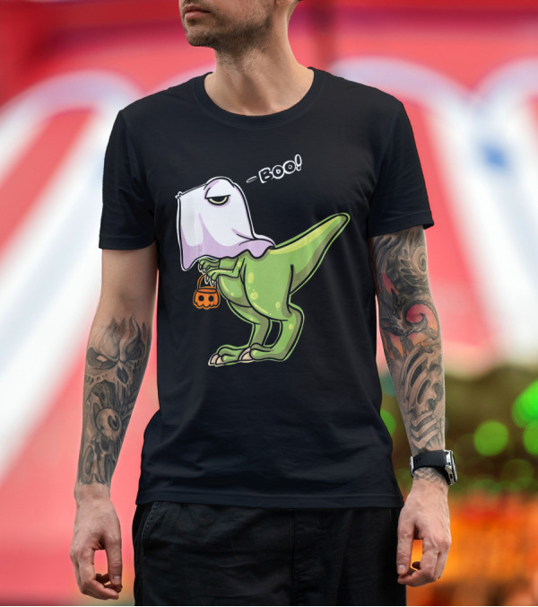 Premium T-Shirt: Funny Dinosaur Dressed as Halloween Ghost with Boo Text and Pumpkin T-Shirt Funny Dinosaur Dressed as Halloween Ghost with Boo Text and Pumpkin T-Shirt