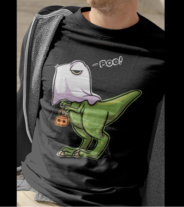 Funny Dinosaur Dressed As Halloween Ghost With Boo Text And Pumpkin T-Shirt