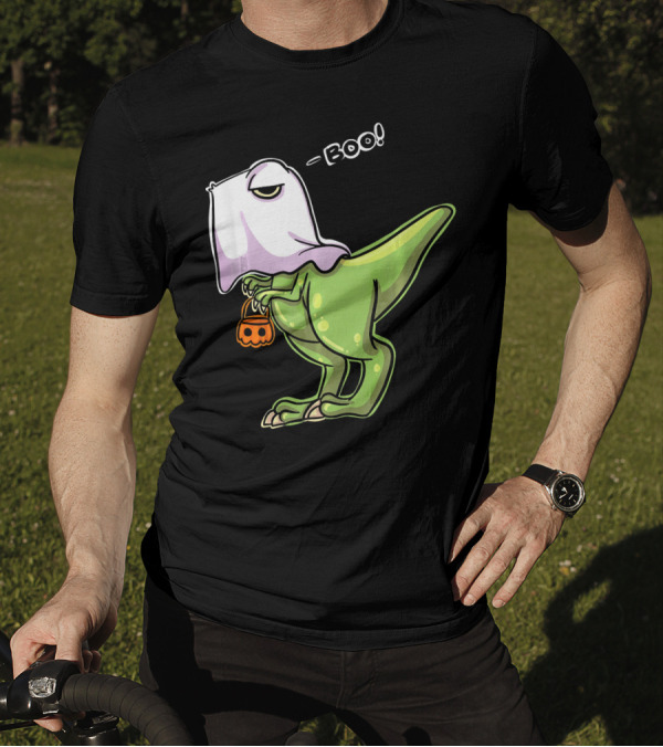 Funny Dinosaur Dressed As Halloween Ghost With Boo Text And Pumpkin T-Shirt
