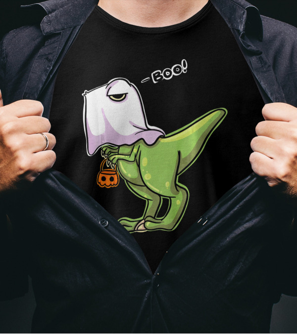 Funny Dinosaur Dressed As Halloween Ghost With Boo Text And Pumpkin T-Shirt