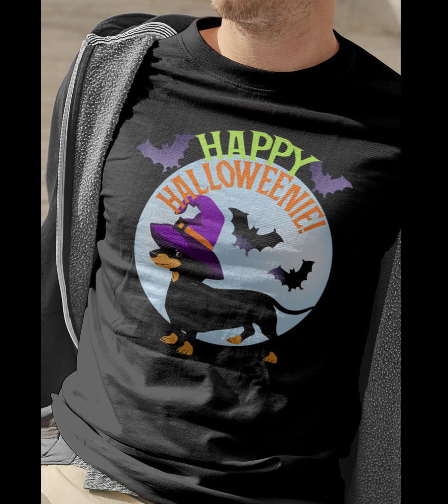 Happy Halloweenie Dachshund Wiener Dog Witch Hat Bats T-Shirt