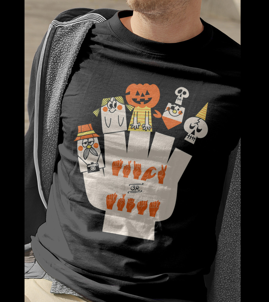 Trick Or Treat ASL Halloween Hand Signs With Pumpkin And Ghost Characters T-Shirt