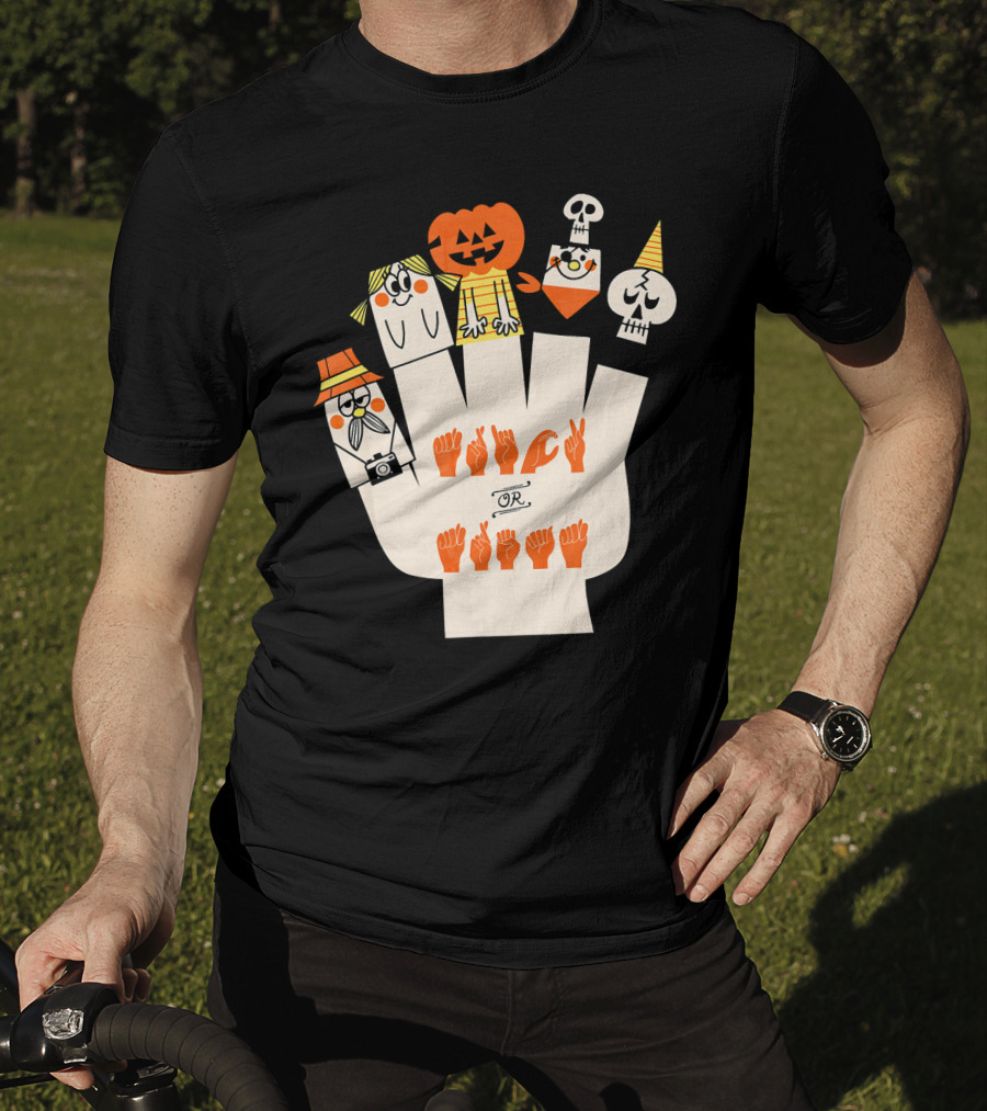 Trick Or Treat ASL Halloween Hand Signs With Pumpkin And Ghost Characters T-Shirt