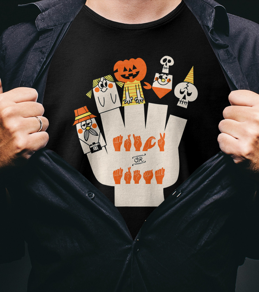 Trick Or Treat ASL Halloween Hand Signs With Pumpkin And Ghost Characters T-Shirt