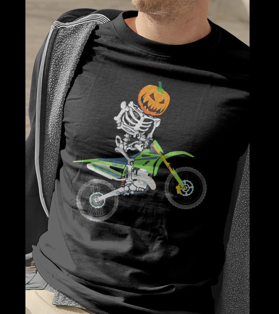 Skeleton Dirt Bike Halloween Pumpkin Rider T-Shirt