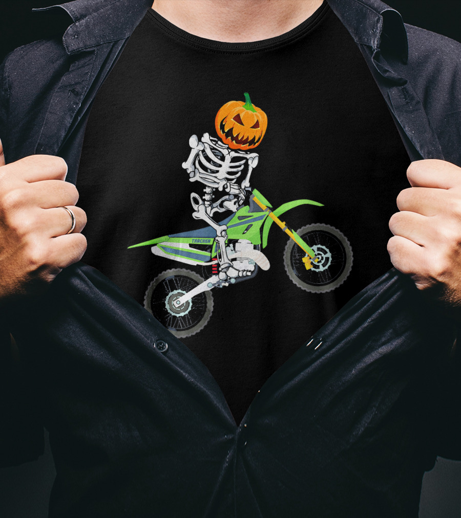 Skeleton Dirt Bike Halloween Pumpkin Rider T-Shirt